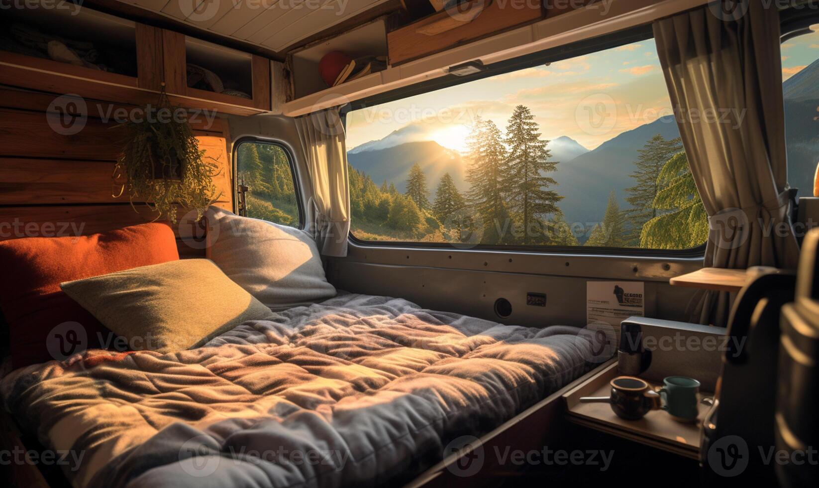 View from inside the camper van. AI Generated photo