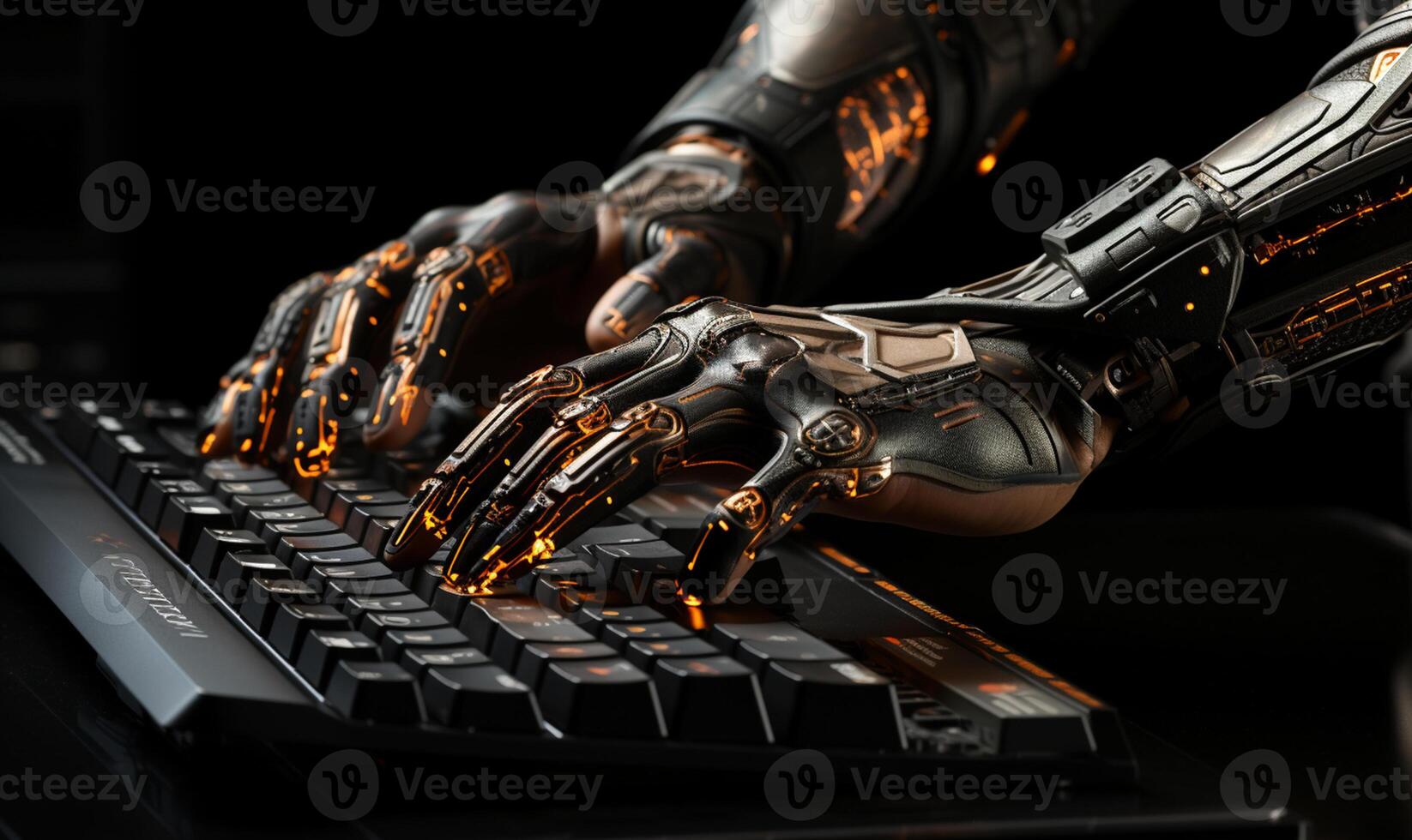 Robot hand over laptop keyboard on black background. photo