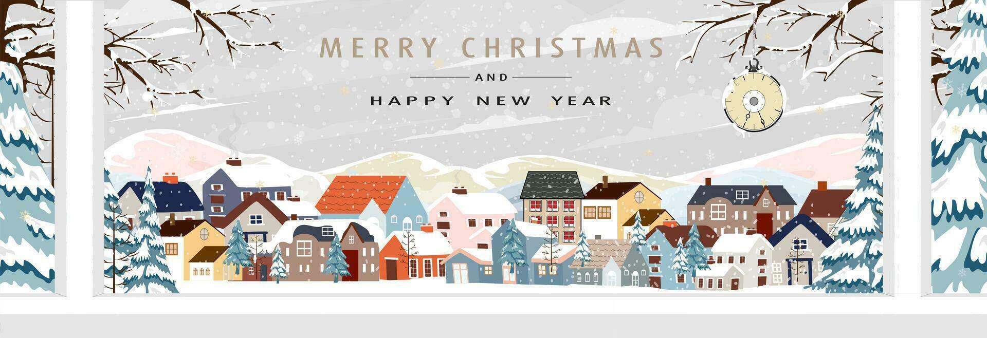 Winter City Scene,Christmas Greeting Card,New Year 2024 Background,Vector illustration of Horizon Cute Fairy Houses with Snowy for Christmas winter landscape Design for Postcard,Calendar,Web Banner vector