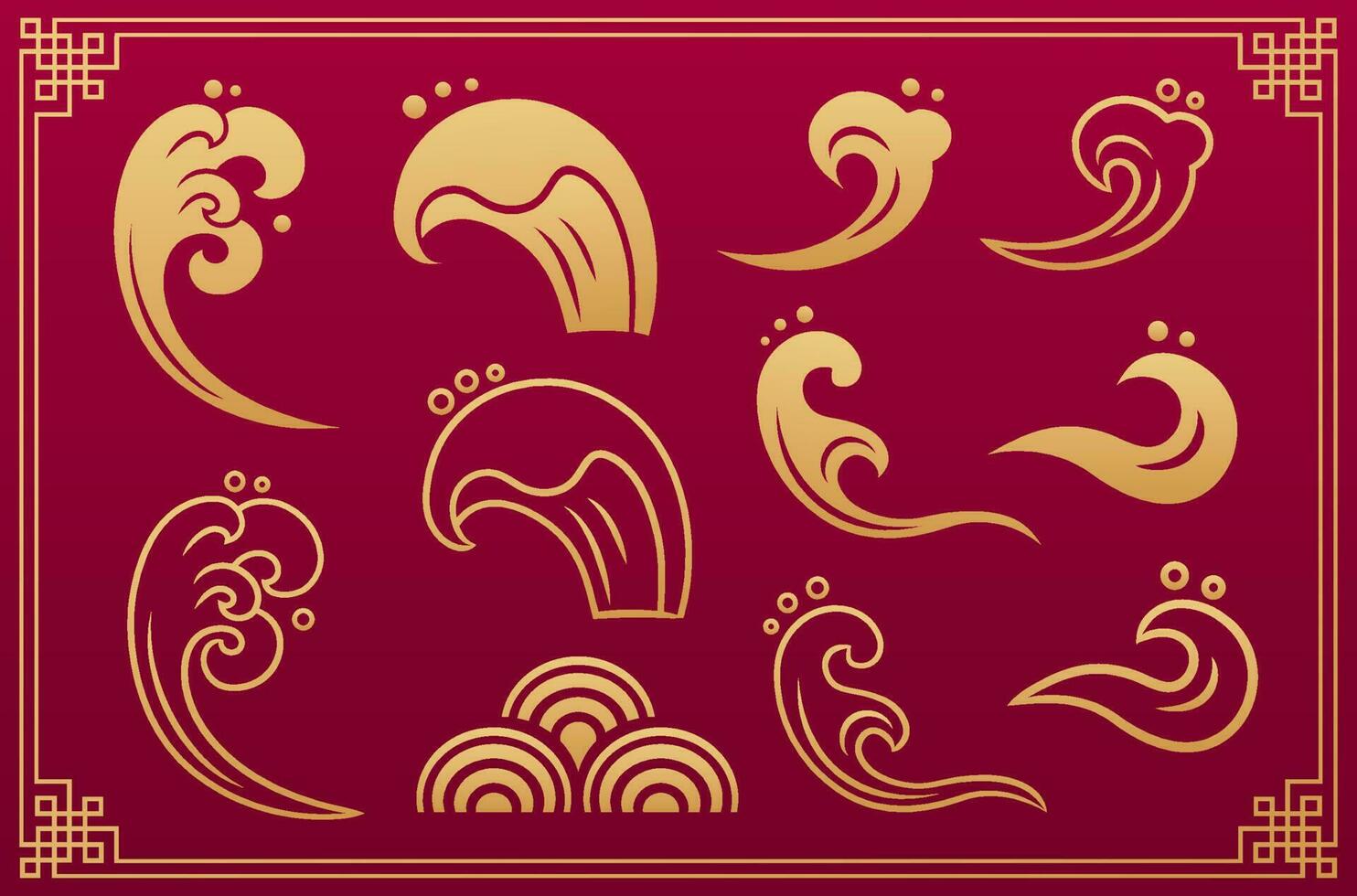 Chinese pattern. Orient asian gold traditional decorative elements and ornaments sea, ocean water waves, clouds isolated on red background with gold geometric frame. Vector set.