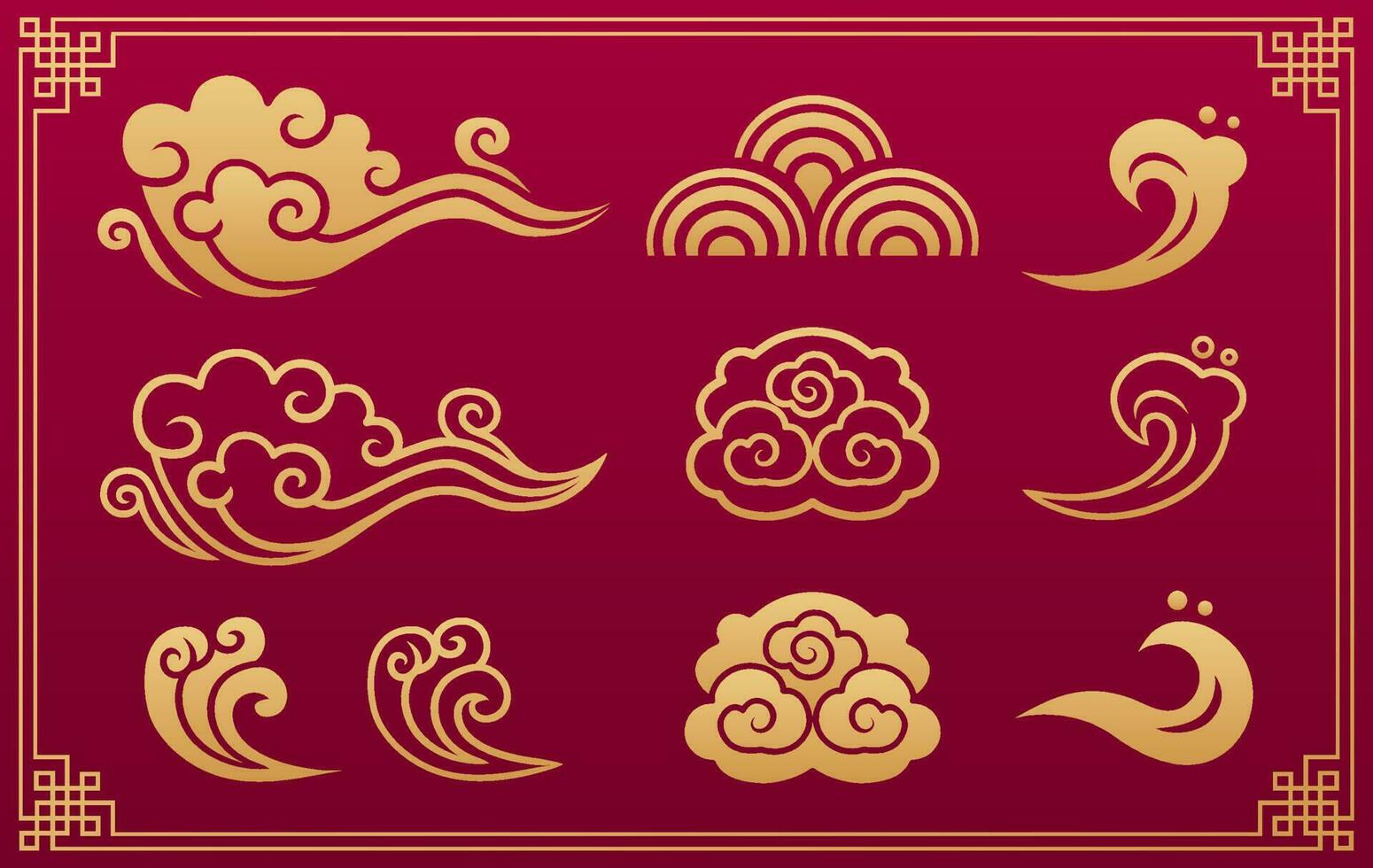 Chinese pattern. Asian orient gold traditional ornament and decorative element clouds and waves isolated on red background with gold geometric frame. Vector set.