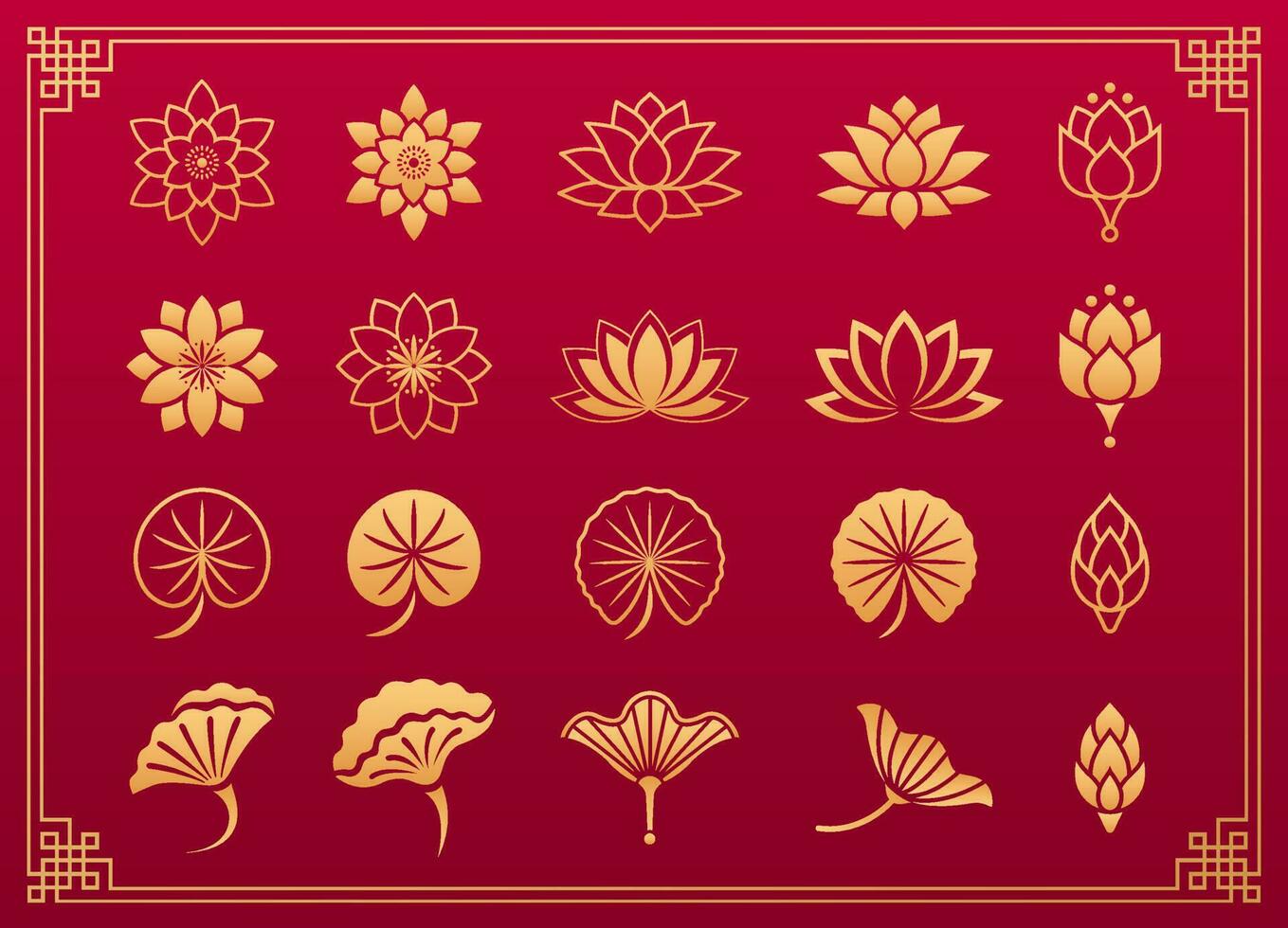 loto flores decorativo elementos. floral planta patrones. chino y japonés tradicional oro ornamento loto flor, hojas y florecer aislado en rojo antecedentes con oro marco. vector conjunto