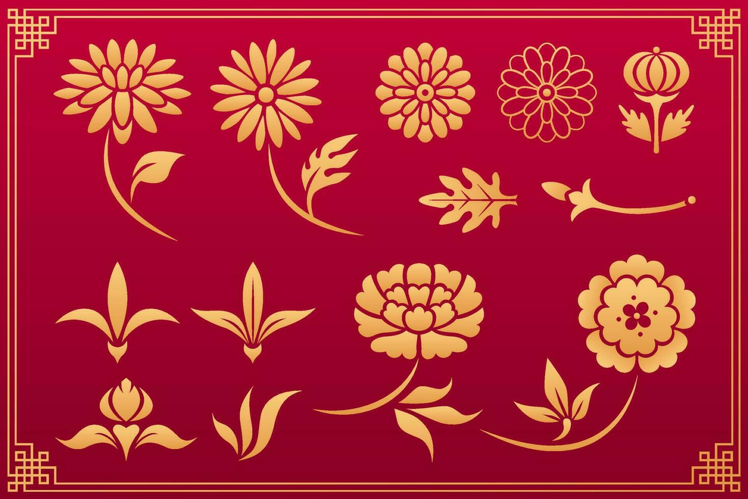 Chinese pattern. Orient asian traditional decorative gold vector ornaments. Floral plant elements peony, chrysanthemum flower and leaves isolated on red background. Vector set.