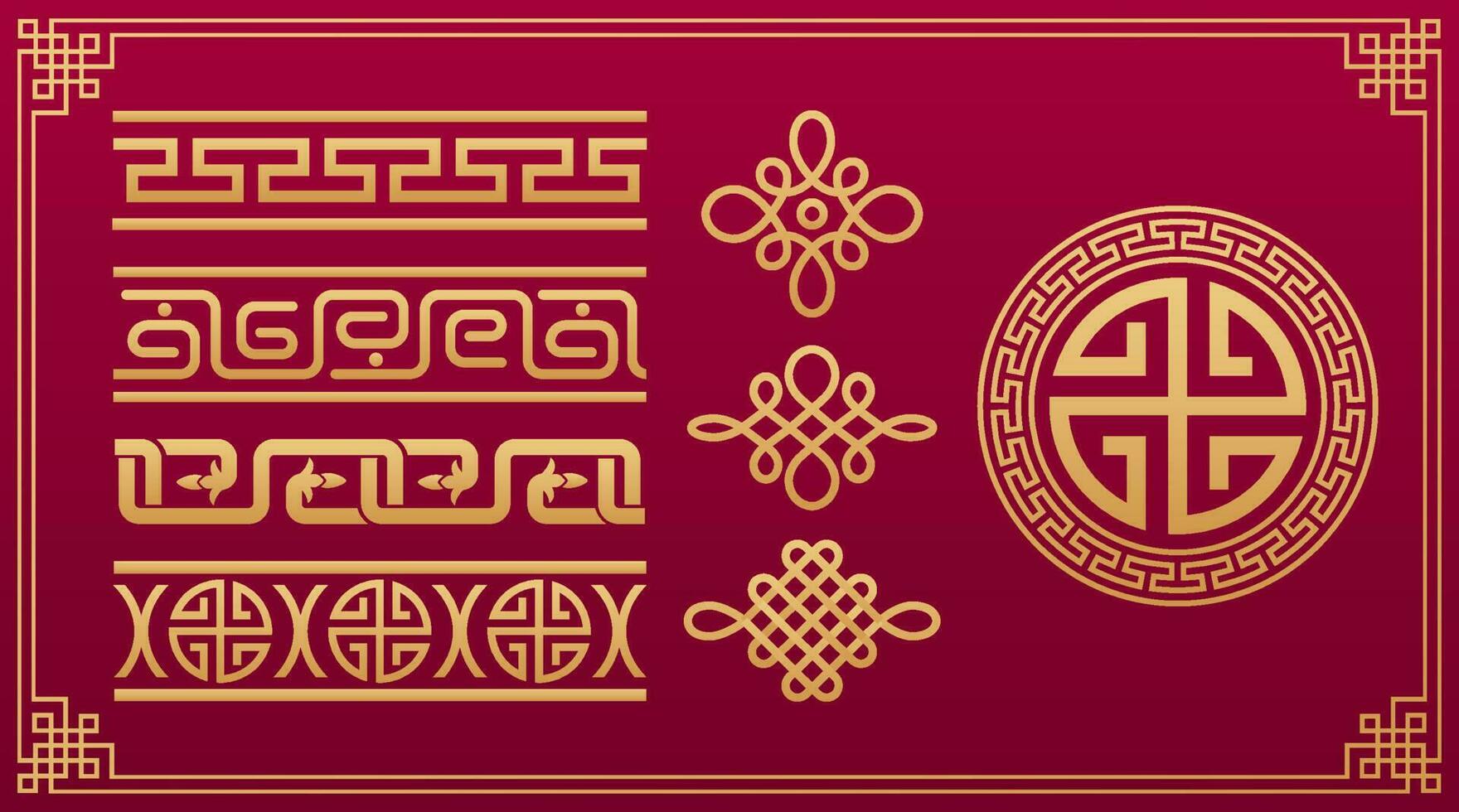 oriental nudos chino modelo. asiático anudamiento, asiático decorativo geométrico ornamento. chino y japonés vector geométrico y nodo oro modelo aislado en rojo antecedentes.