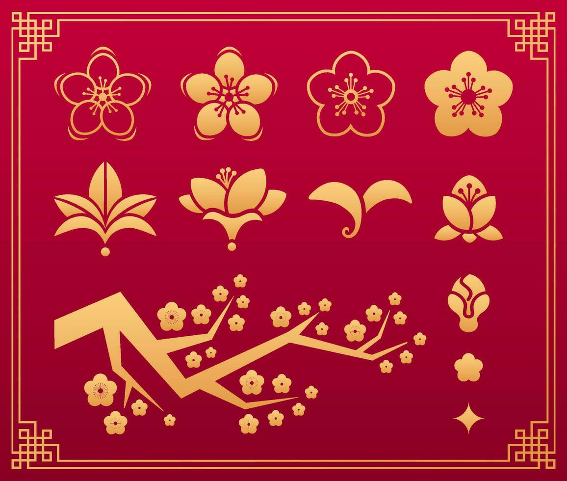 Chinese pattern. Orient asian traditional decorative gold vector ornaments. Floral plant elements sakura flower, leaves, blossom and branch isolated on red background with frame. Vector set.