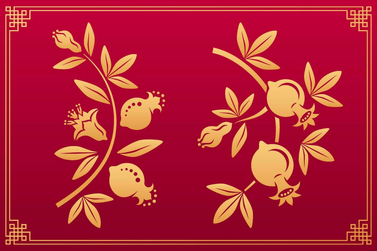 Chinese pattern. Asian orient gold decorative floral plant elements and ornaments garnet flower, fruits, leaves and blossom isolated on red background with gold frame. Vector set.