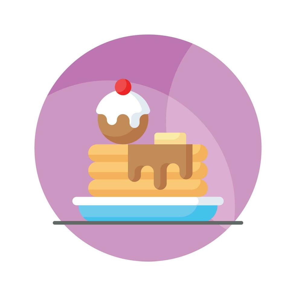 Pancakes with chocolate and cherry topping, flat vector of pancake in trendy style