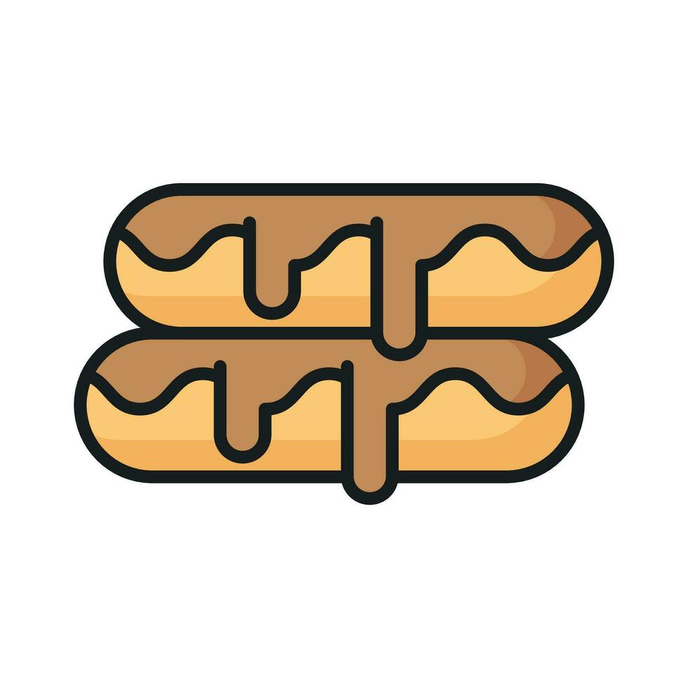 un pequeño, suave, Iniciar sesión conformado Pastelería lleno con chocolate, moderno plano eclair icono vector