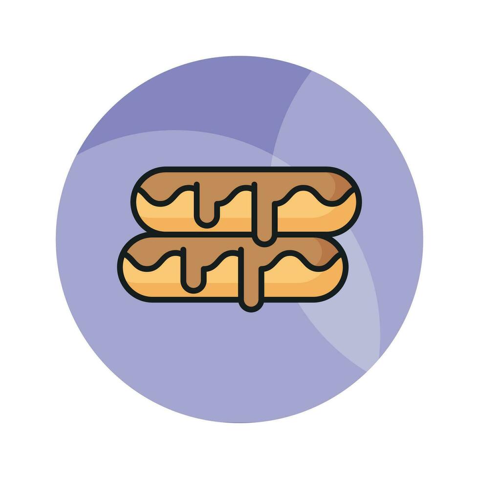 un pequeño, suave, Iniciar sesión conformado Pastelería lleno con chocolate, moderno plano eclair icono vector