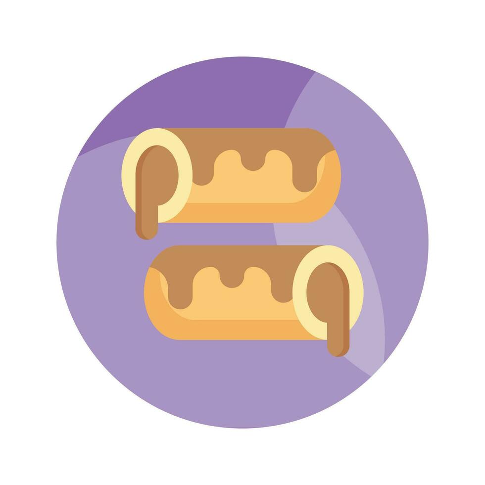 A small, soft, log shaped pastry filled with chocolate, modern flat eclair icon vector