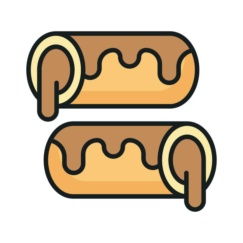 A small, soft, log shaped pastry filled with chocolate, modern flat eclair icon vector