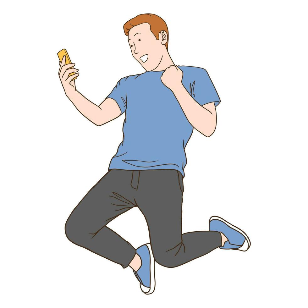 Illustration of a cheering person holding a phone vector