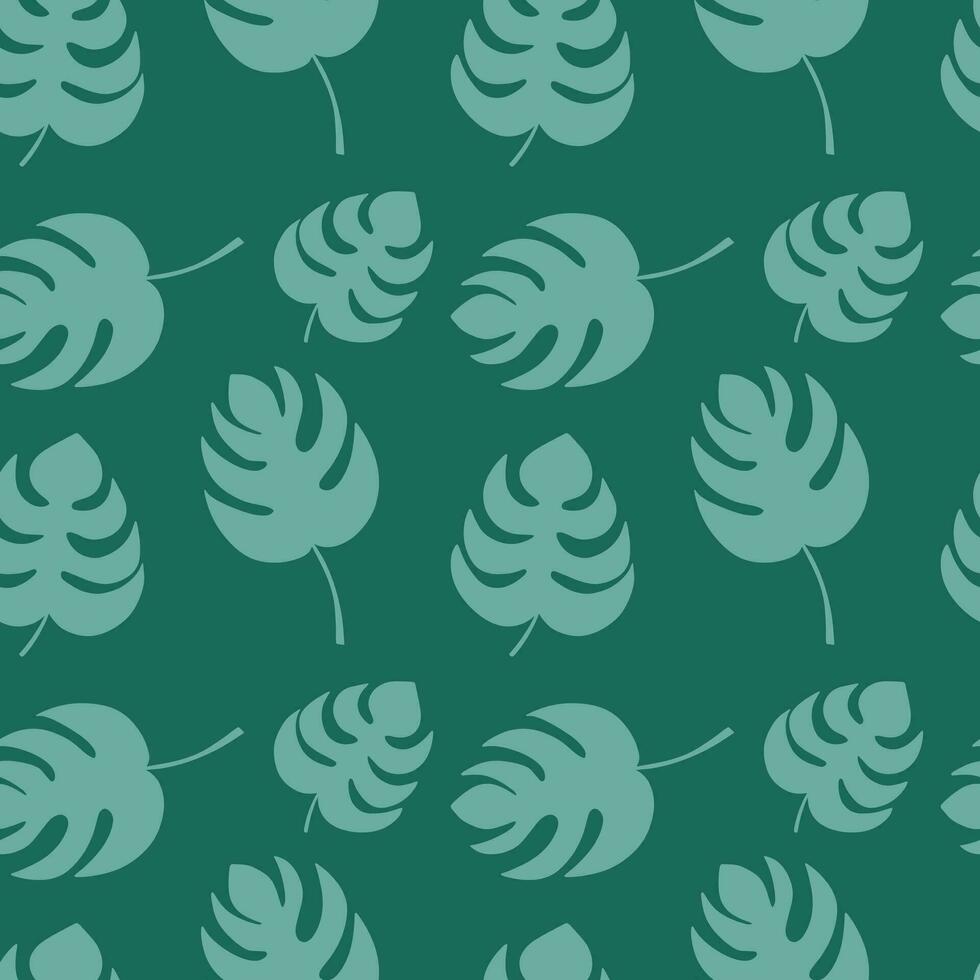 Monstera leaf seamless pattern. Hand drawn monstera on green background vector