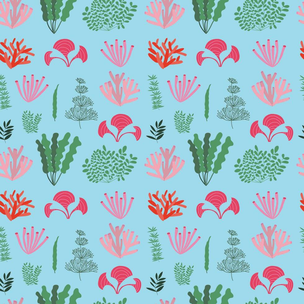 Seaweed and coral seamless pattern. Different kinds of ocean  plants and algae pattern vector