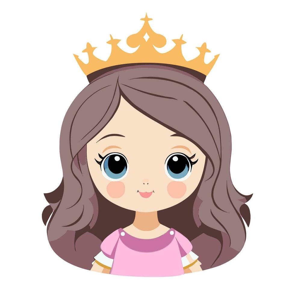 Cute little princess girl portrait isolated on white. Flat vector illustration