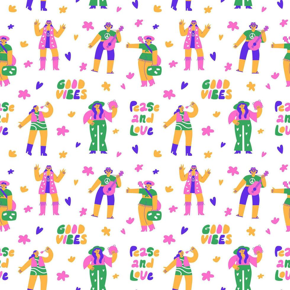 Seamless bright pattern with hippies. People are fashionable in the style of the 70s. Vector flat illustration for fabric, paper