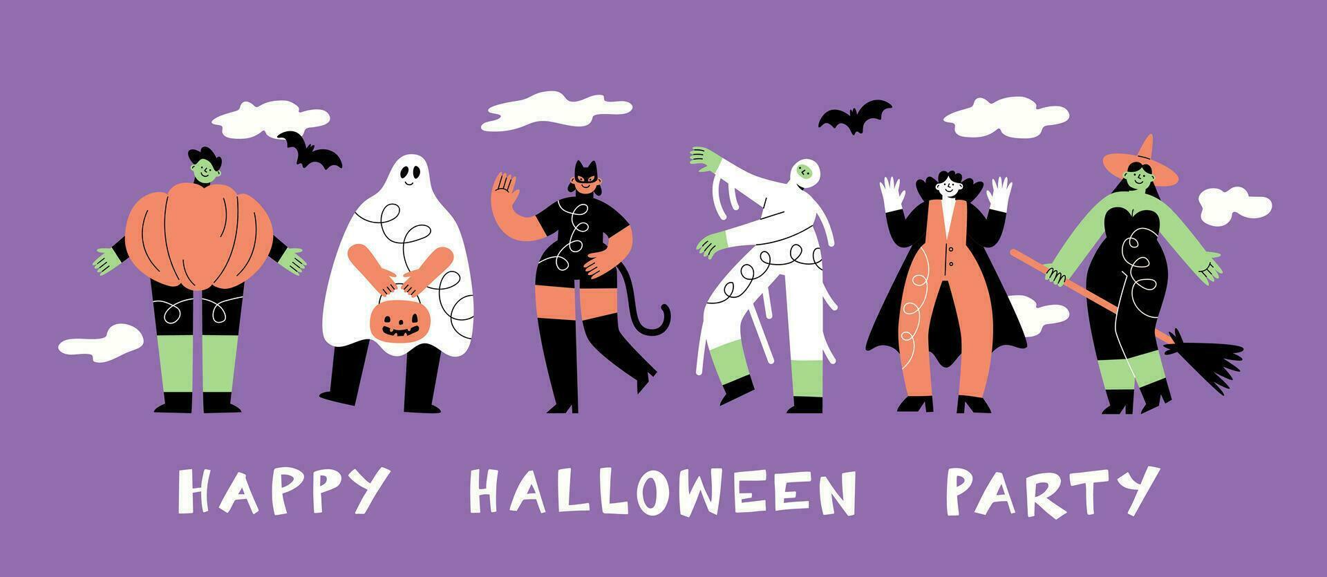 A set of posters for a Halloween party. Funny people in suits. Vampire, ghost and black cat vector