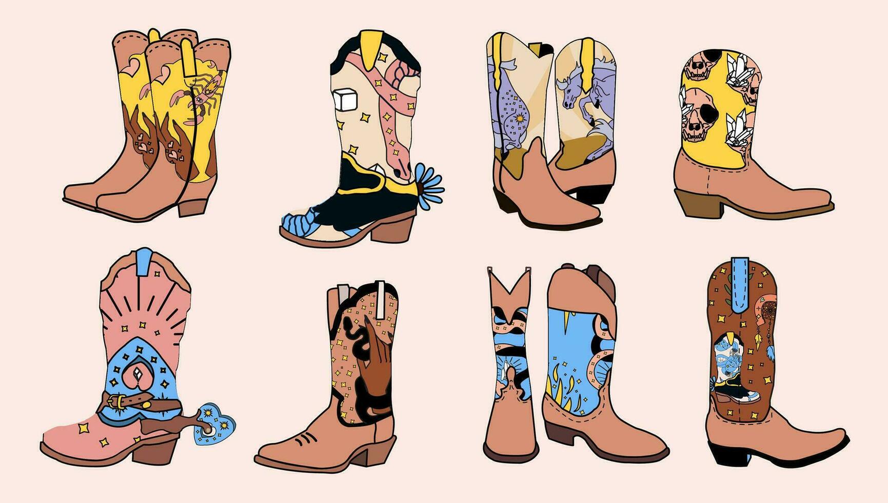 set of cowgirl boots with a witchy western theme. vector