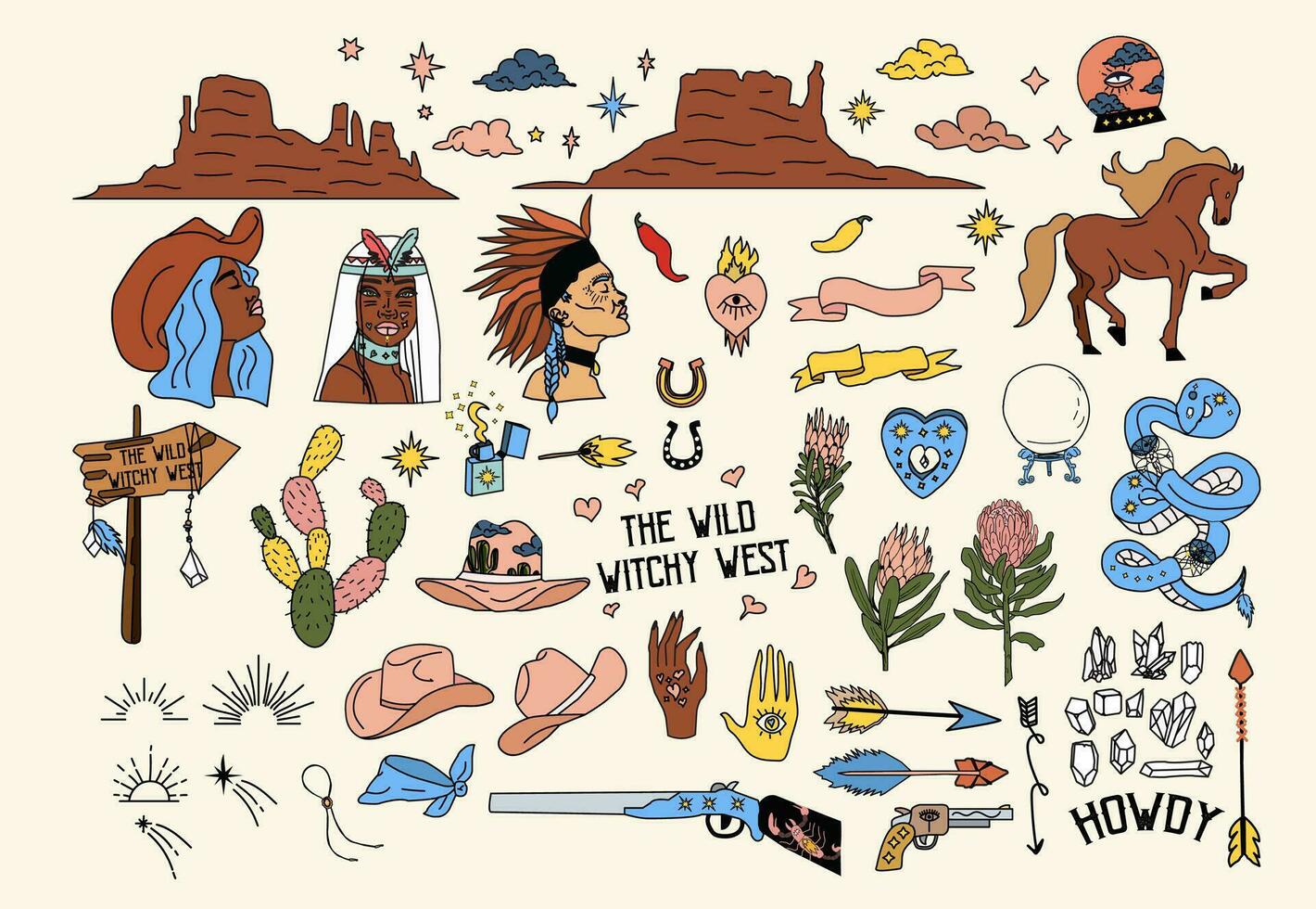 Witchy western-styled graphic elements pack. vector