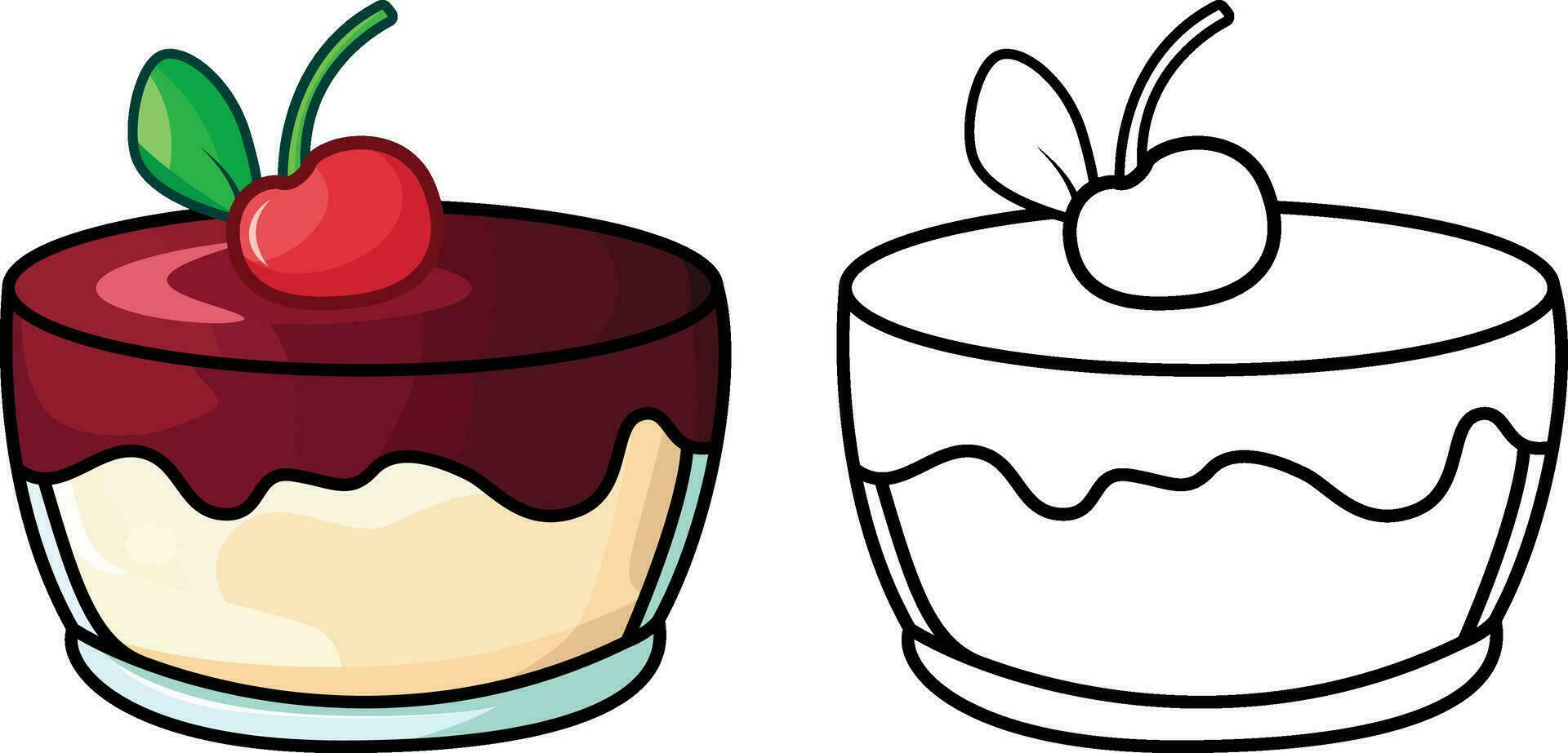 Cherry pudding cartoon style vector illustration , dessert with a cherry on top , cherry pudding stock vector image, colored and black and white line art