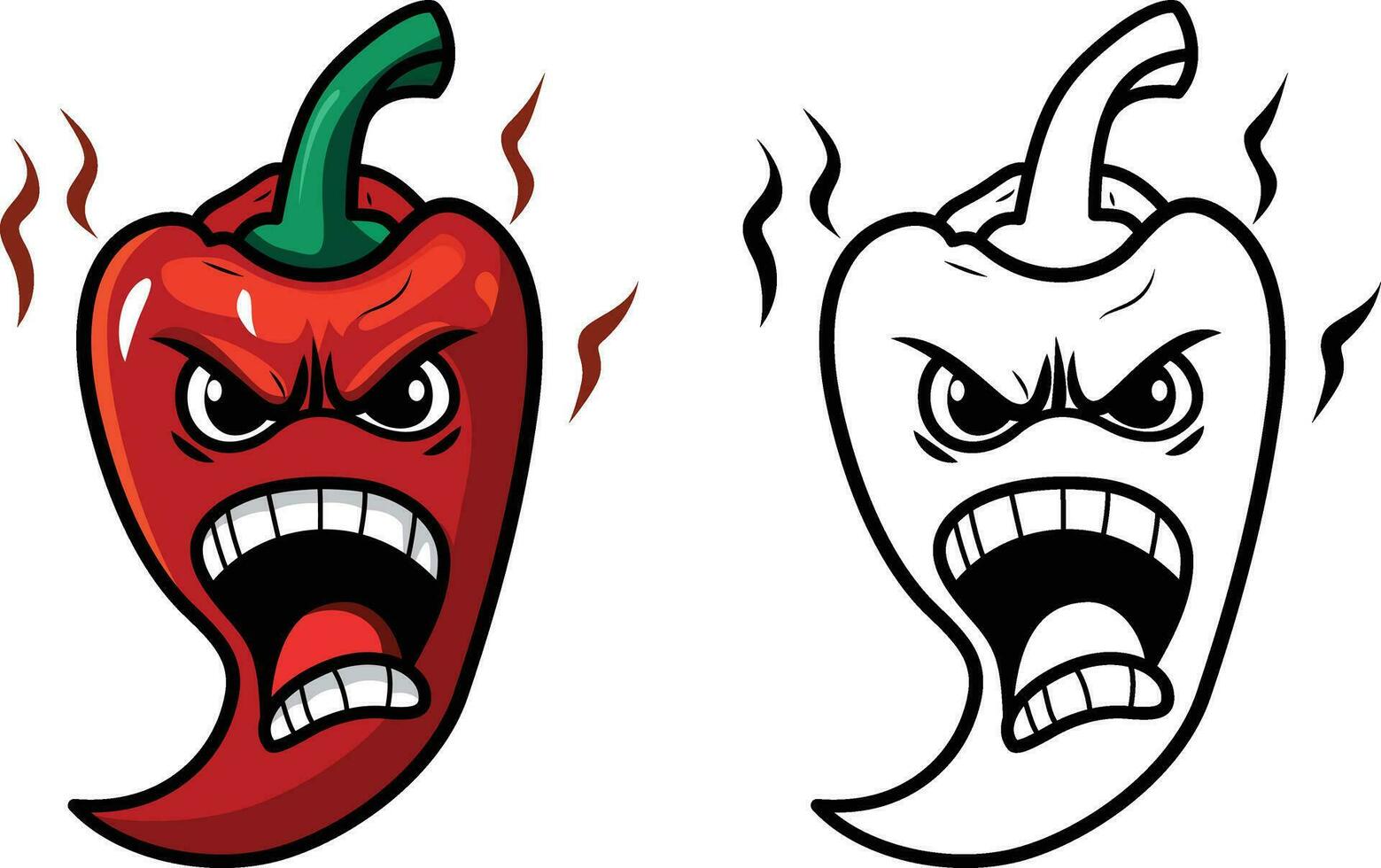 Angry red chili cartoon mascot vector illustration , Mad red chili character , opened mouth , angry eyes stock vector image , colored and black and white line art