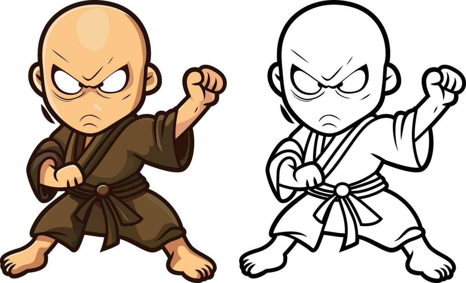 Kungfu Shaolin monk cartoon vector illustration, Kungfu artist, Kungfu martial artist , Kungfu moves cartoon vector image , colored and black and white stock image