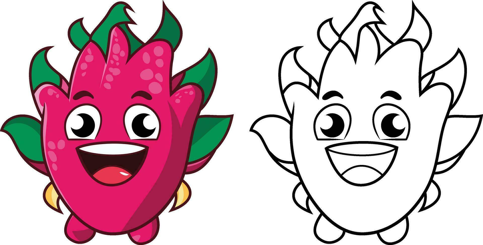 Happy Dragon fruit cartoon character vector image, Pitaya fruit mascot character logo icon or symbol vector image, colored and black and white stock vector