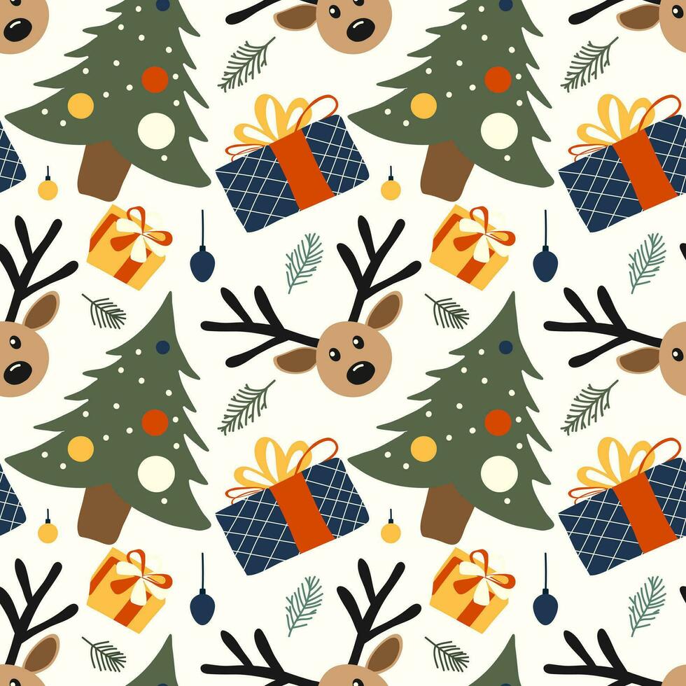 Christmas seamless pattern with gifts and reindeer in flat style. Seamless pattern for new year in blue green and red shades with simple shapes for textile or wrapping paper prints vector