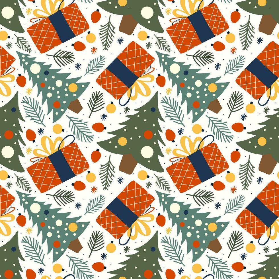 Christmas seamless pattern with gifts and trees in flat style. Seamless pattern for new year in blue green and red shades with simple shapes for textile or wrapping paper prints vector