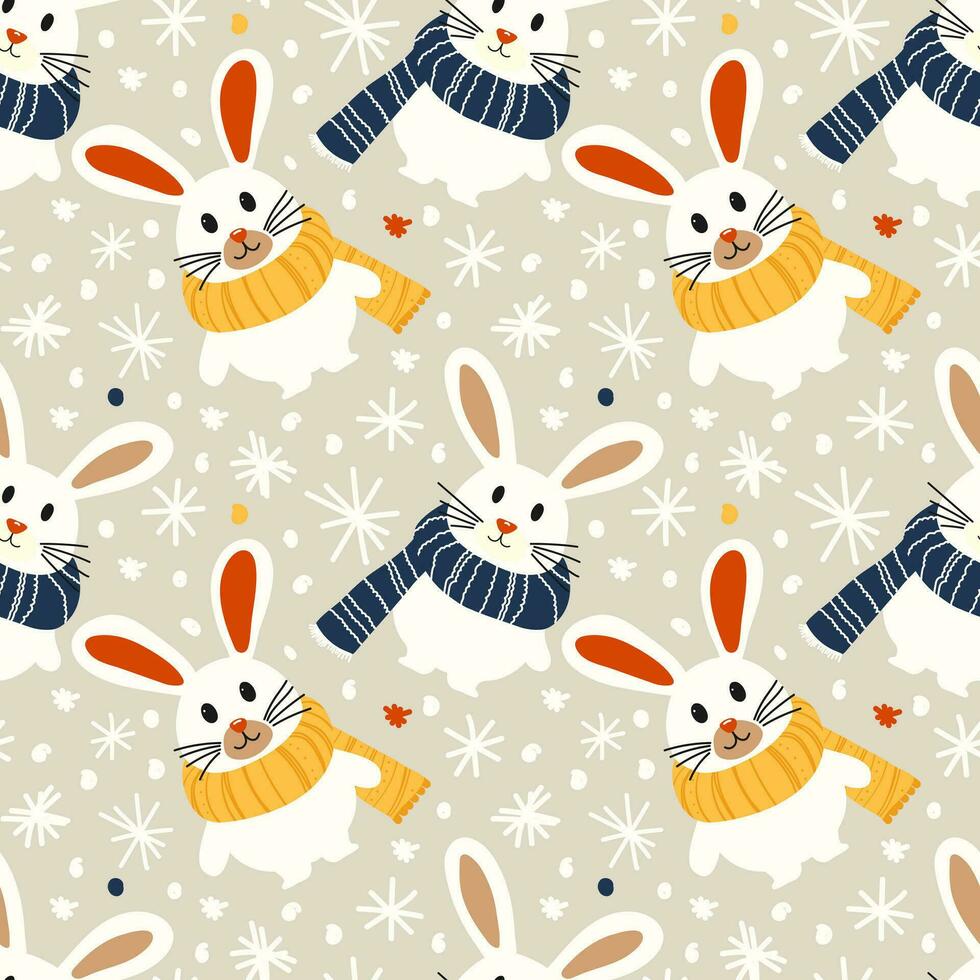 Christmas seamless seamless template with bunnies with warm scarves. Vector template with cute animals with yellow and blue scarves drawn with simple shapes, for holiday print on textile or object