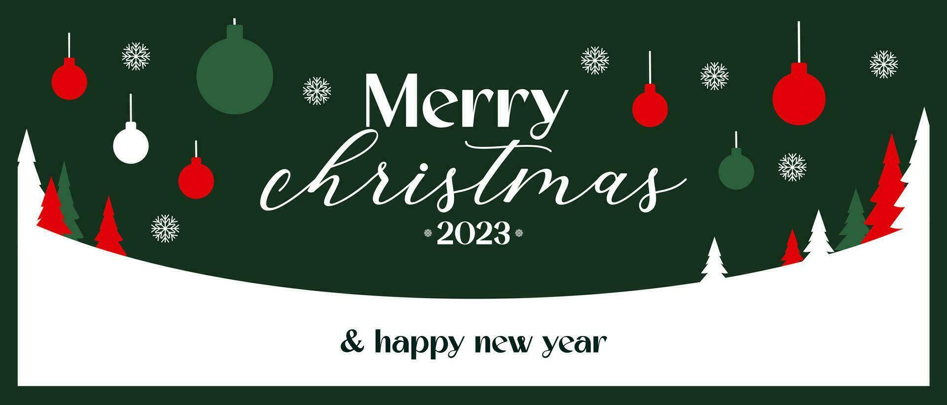 Vector Christmas banner with pine needles and toys with Happy Christmas greeting on green background