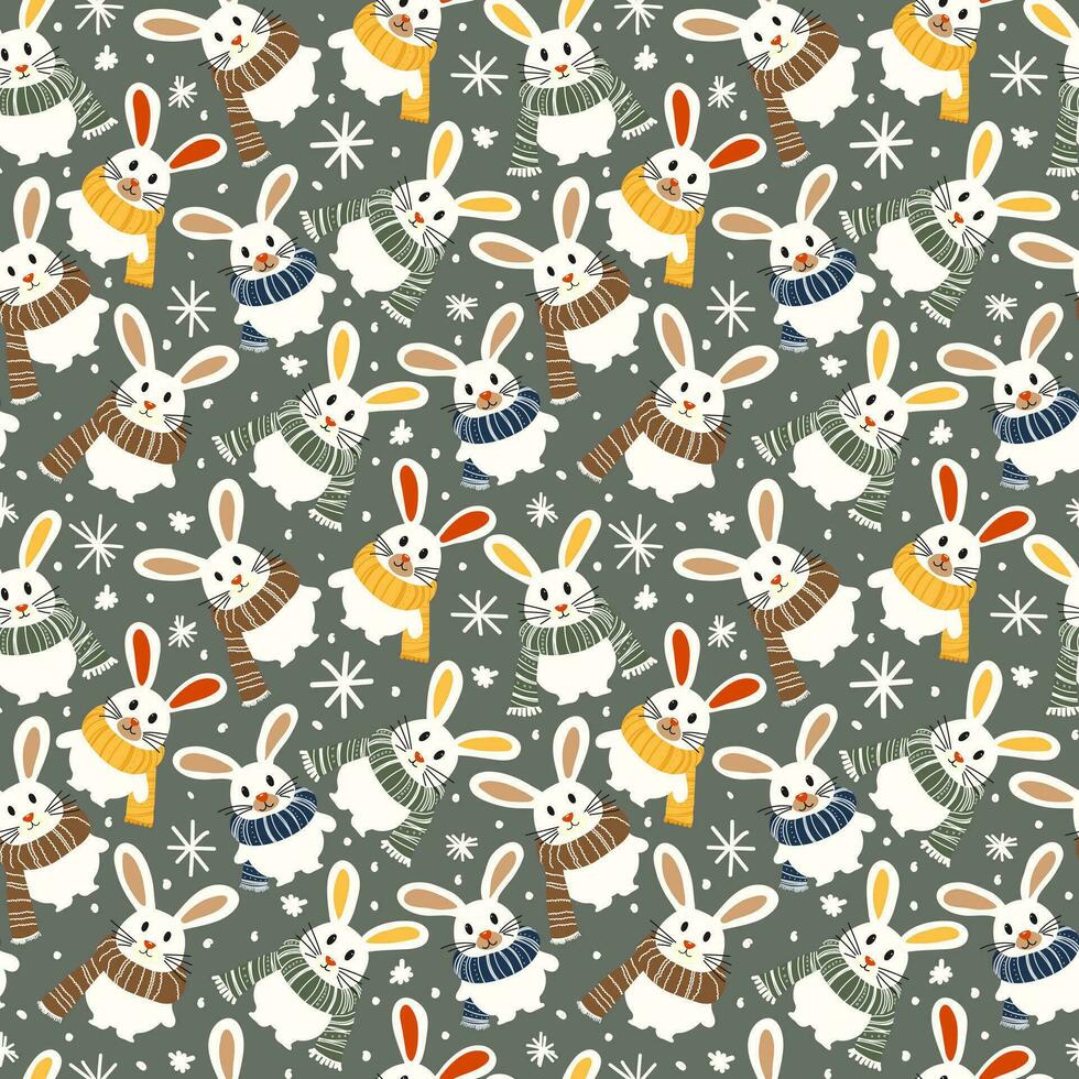 Christmas seamless pattern with bunnies with warm scarves. Vector pattern with cute animals drawn with simple shapes for holiday print for textile or object