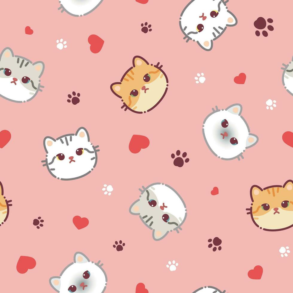 Seamless pattern of a cute different cats, hearts and animal's paws vector