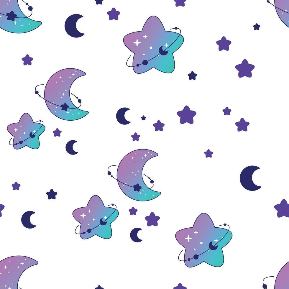 Seamless pattern of blue and purple moon with stars on white background vector