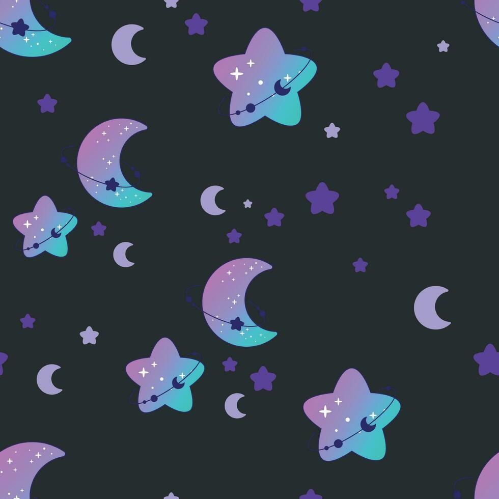 Seamless pattern of blue and purple moon with stars on dark grey background vector