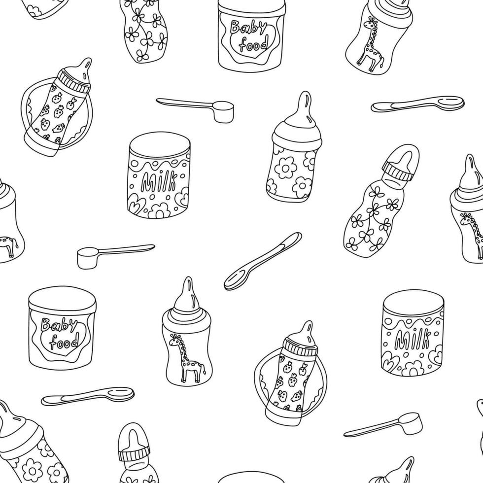 Seamless pattern with baby feeding bottles, cans with infant formula, measuring spoons. Great for baby food package design, wrapping papers, covers. Doodle style illustration, vector