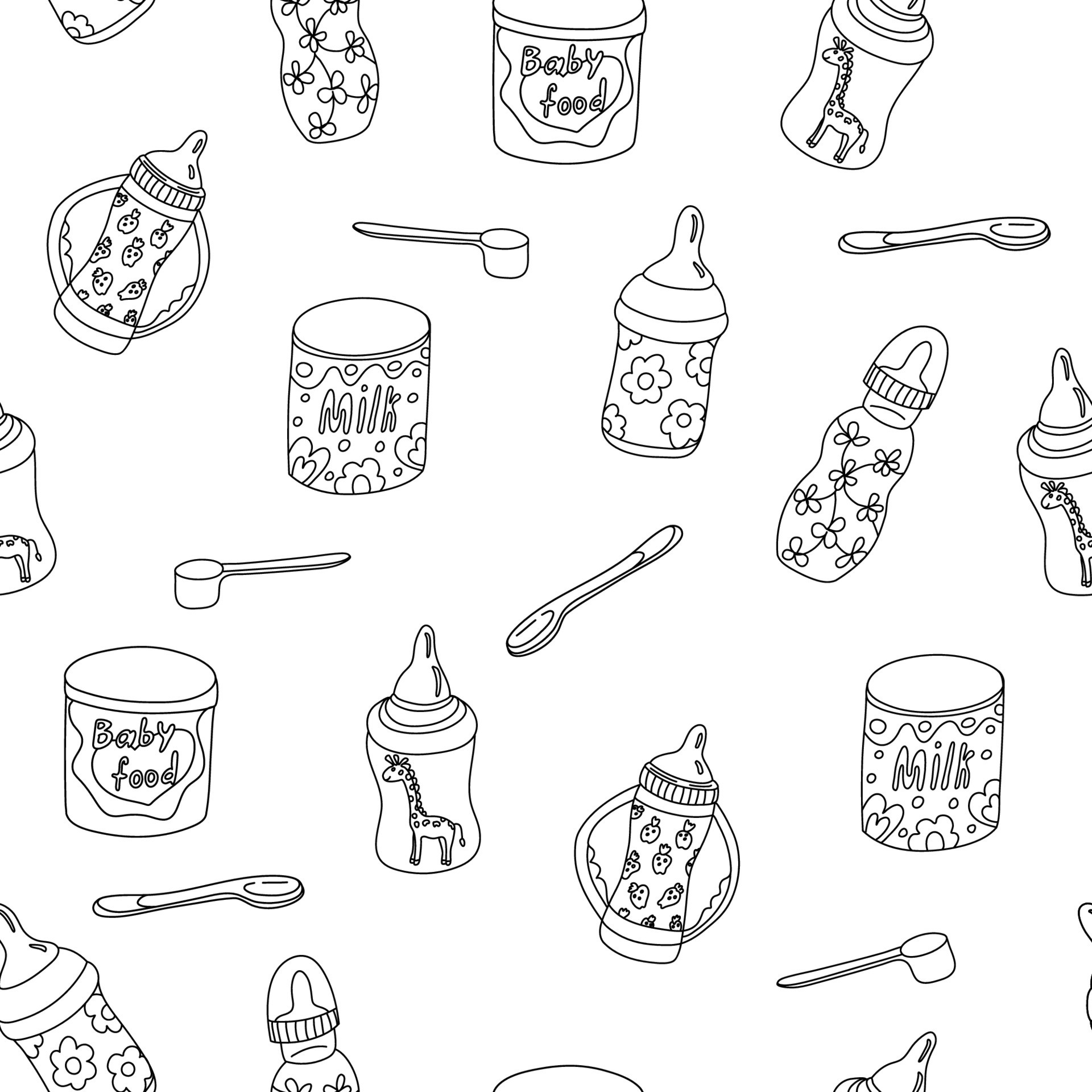 Seamless pattern with baby feeding bottles, cans with infant formula,  measuring spoons. Great for baby food package design, wrapping papers,  covers. Doodle style illustration, 26368177 Vector Art at Vecteezy