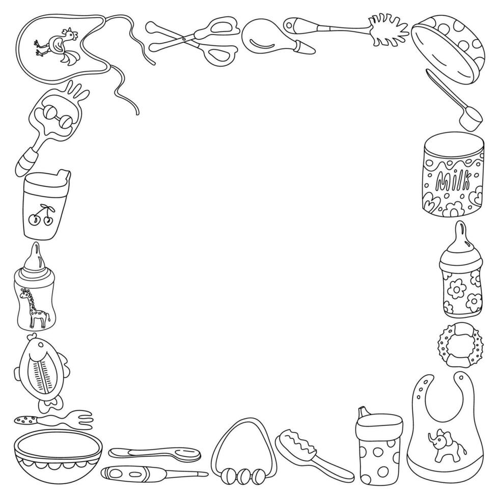 Square frame with baby goods on white background. Bottles, rattles, sippy cups, teether, fork, hair brush, nail scissors, bibs, formula, thermometer, spoon, bowl. Doodle style, black outline vector