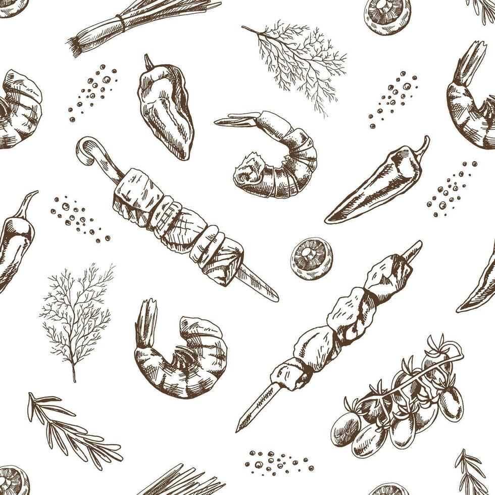 Hand-drawn vector seamless pattern of kebabs, shrimp, greens, mushrooms. Vintage doodle illustration. Sketch for cafe menus and labels. The engraved image.