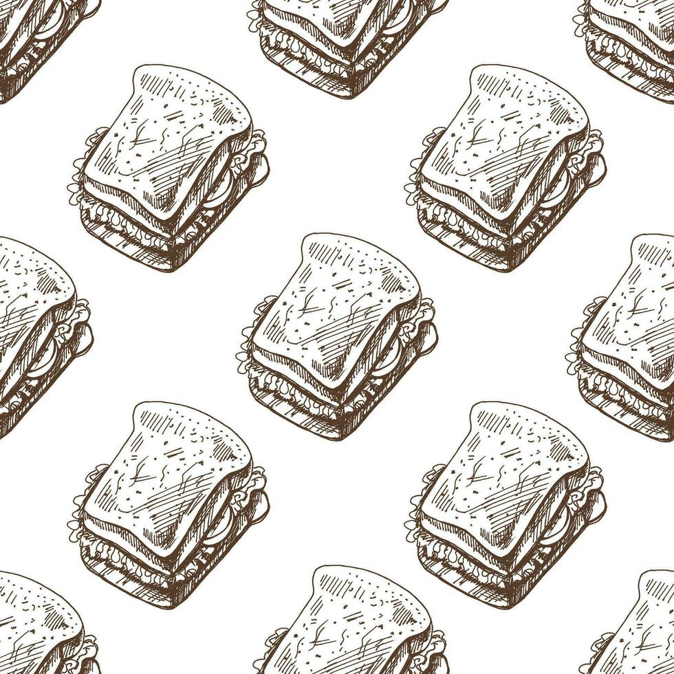 Hand-drawn vector seamless pattern of sandwich. Vintage doodle illustration. Sketch for cafe menus and labels. The engraved image.