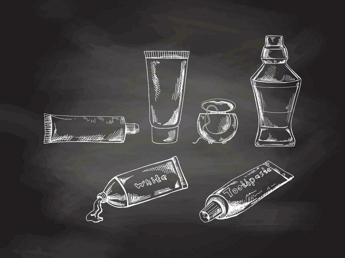Stomatology hand drawn set on chalkboard background. Toothache treatment. Toothpastes, dental floss, mouthwash. Dental care. vector