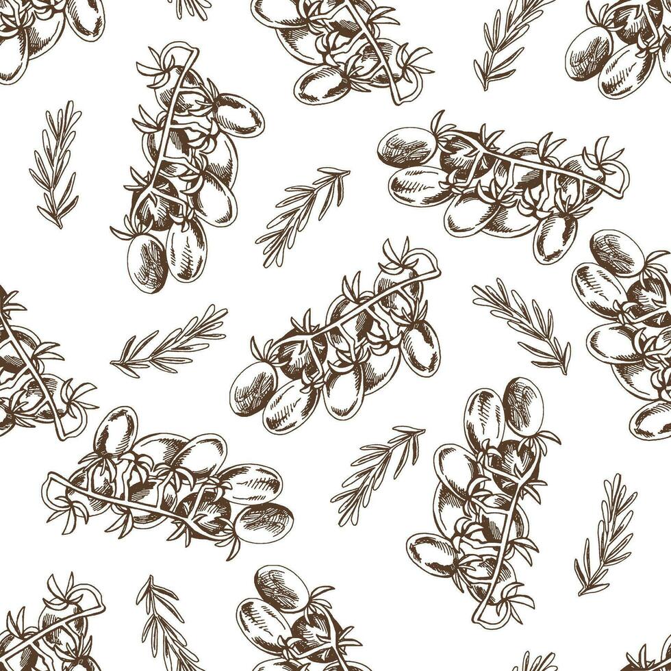 Hand-drawn vector seamless pattern of bunch of tomatoes and rosemary. Vintage doodle illustration. Sketch for cafe menus and labels. The engraved image.