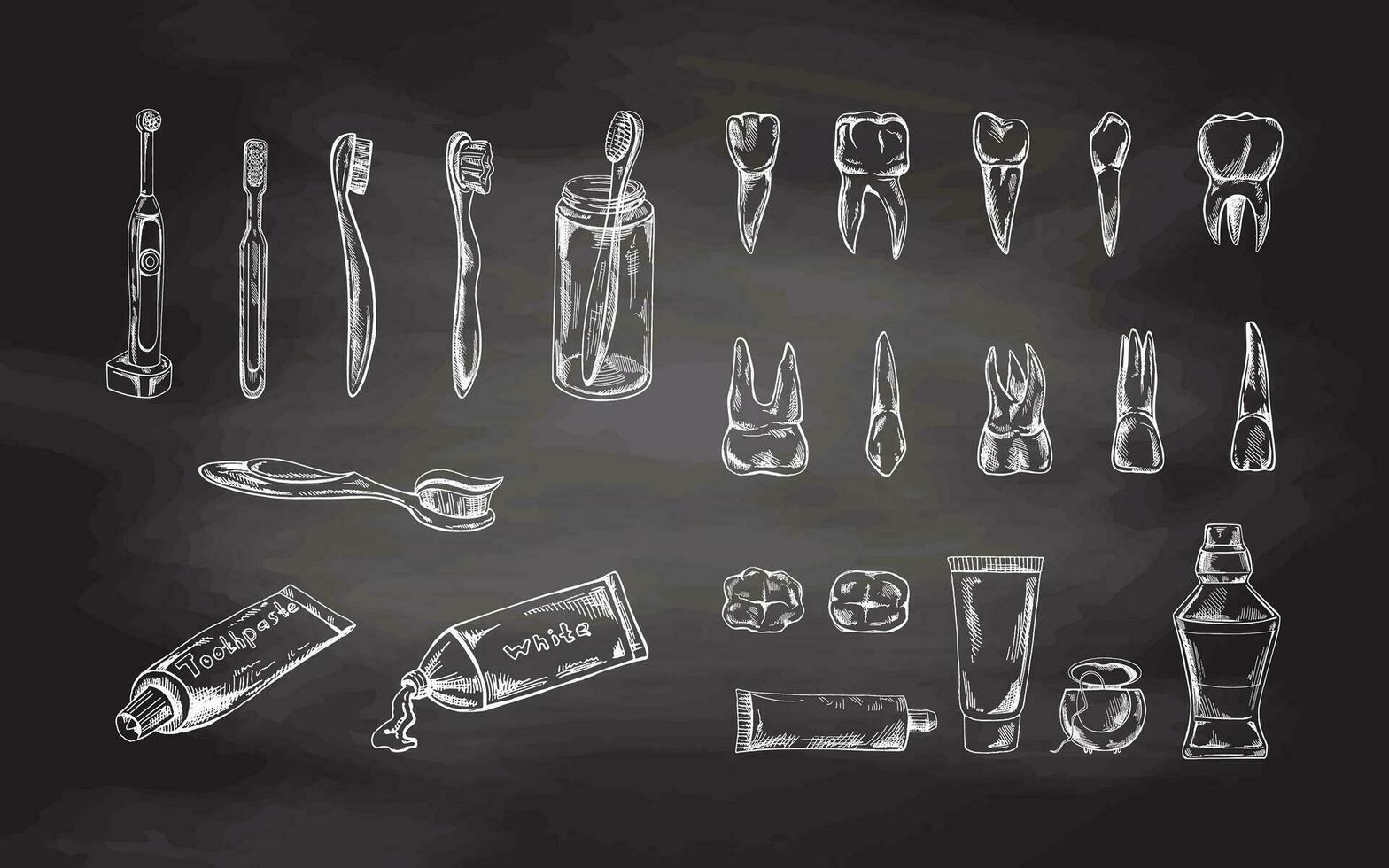 Stomatology hand drawn set on chalkboard background. Toothache treatment. Teeth sketch. Different types of human tooth. Toothbrushes and pastes. Dental care, dental instruments. vector