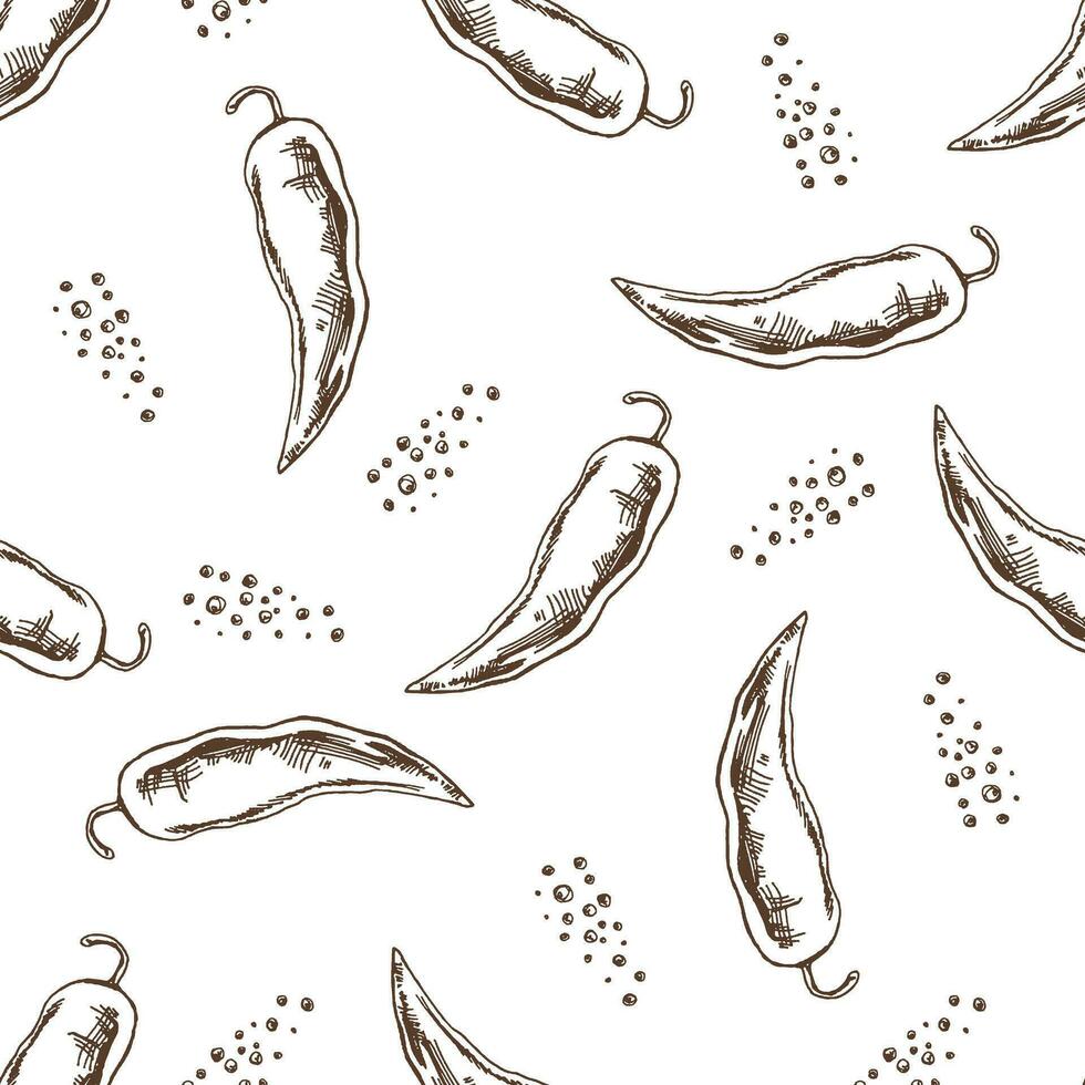 Hand-drawn vector seamless pattern of chili pepper and peppercorns. Vintage doodle illustration. Sketch for cafe menus and labels. The engraved image.