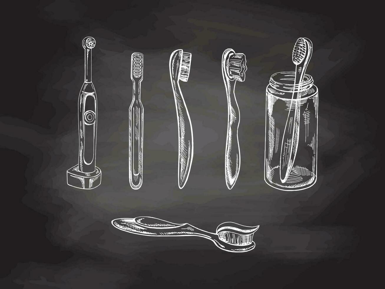 Stomatology hand drawn set on chalkboard background. Toothache treatment. Toothbrushes of different types, electric toothbrush. Dental care, dental instruments. vector