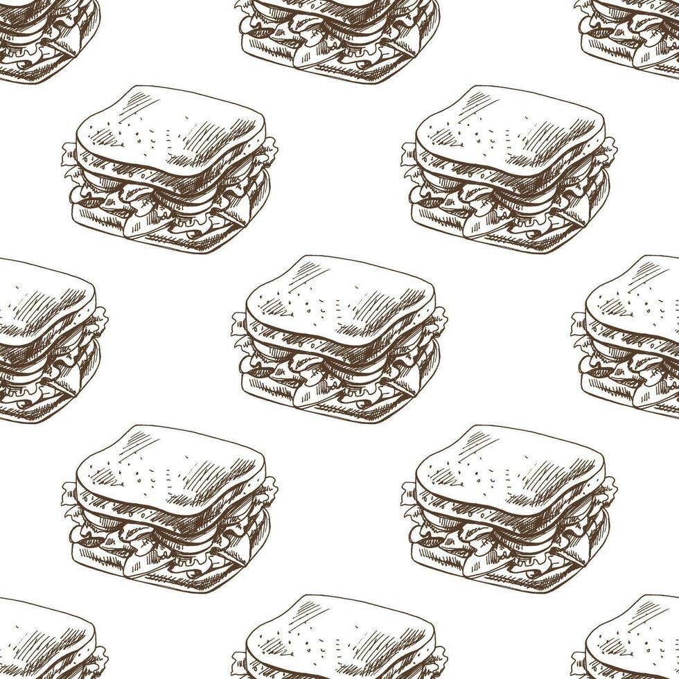 Hand-drawn vector seamless pattern of sandwich. Vintage doodle illustration. Sketch for cafe menus and labels. The engraved image.