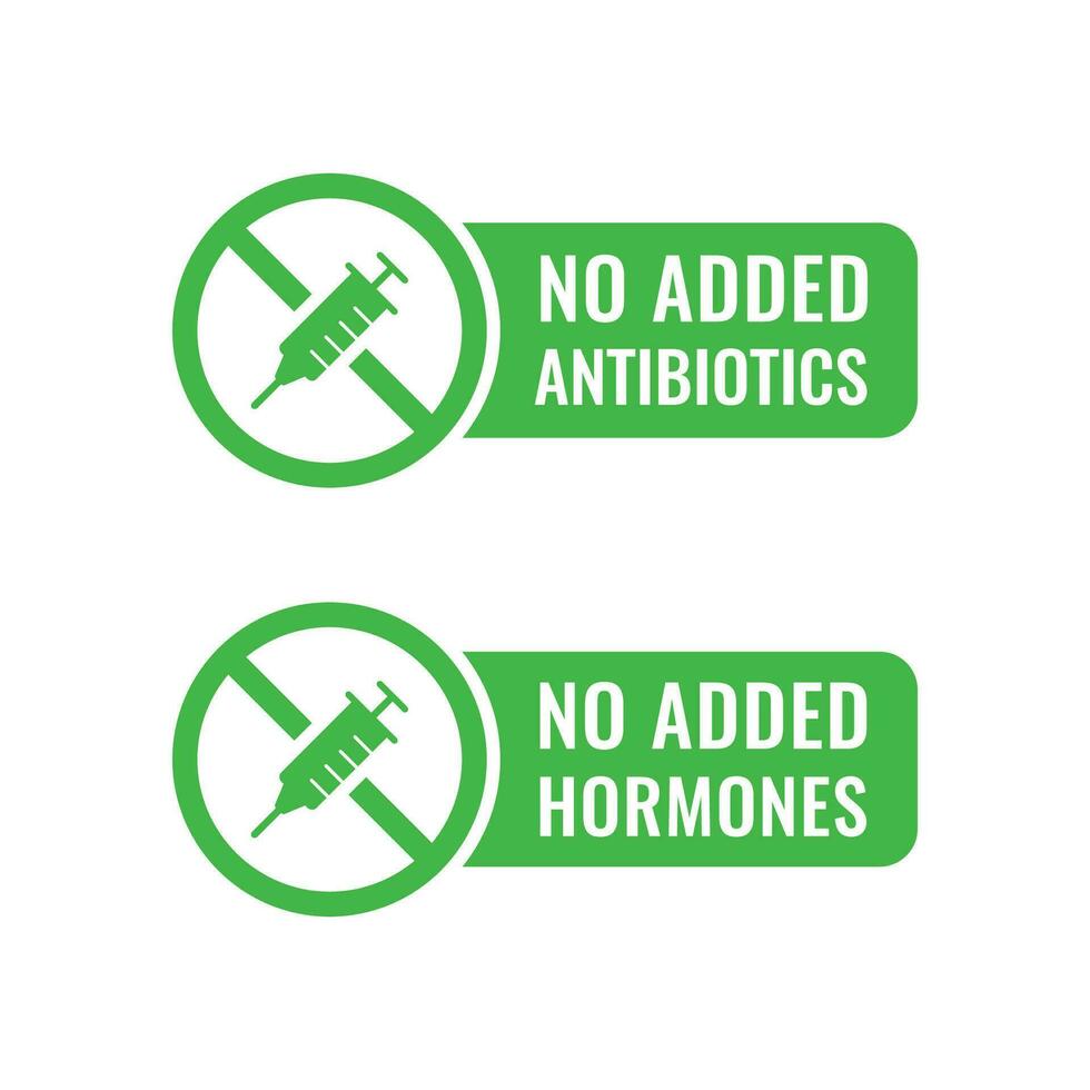 Non Added Antibiotic icon. Non Added hormone Icon. Food Without Hormones and Antibiotic Green Sign. vector