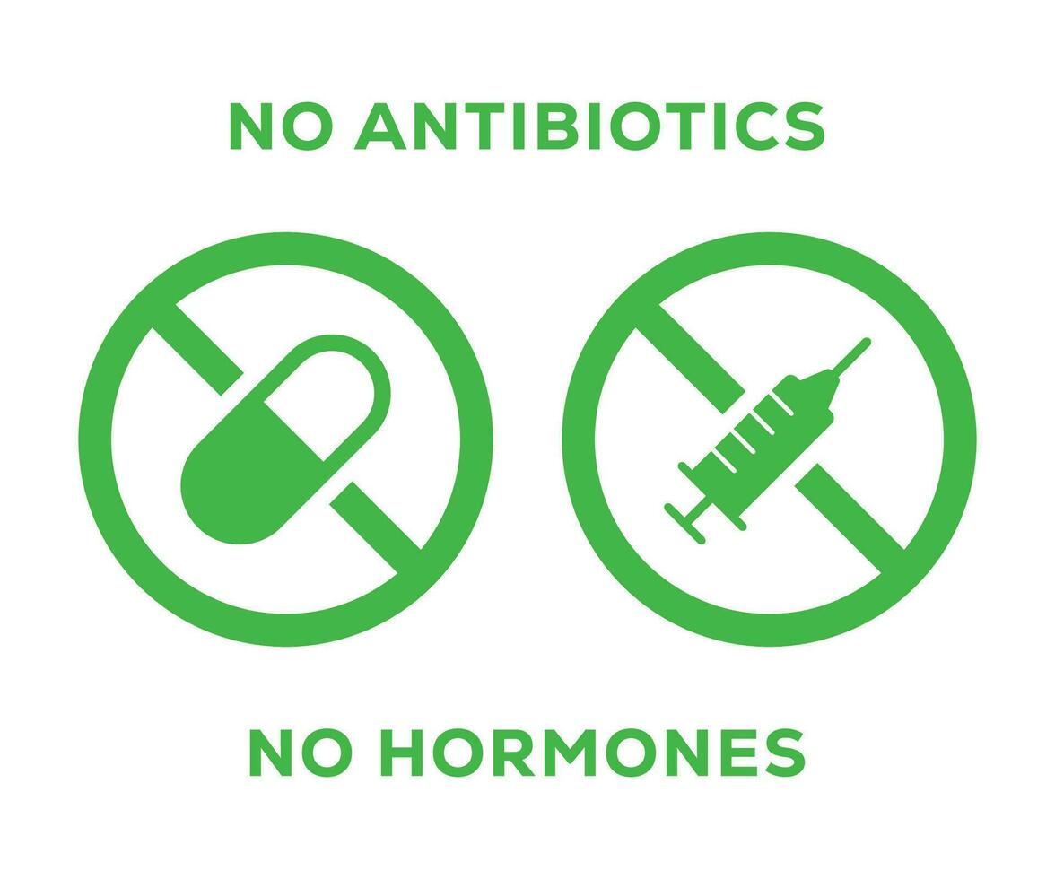 No antibiotics food label stamp, hormones free farm grown chicken and beef or pork meat vector logo. Natural healthy antibiotics free products certificate seal