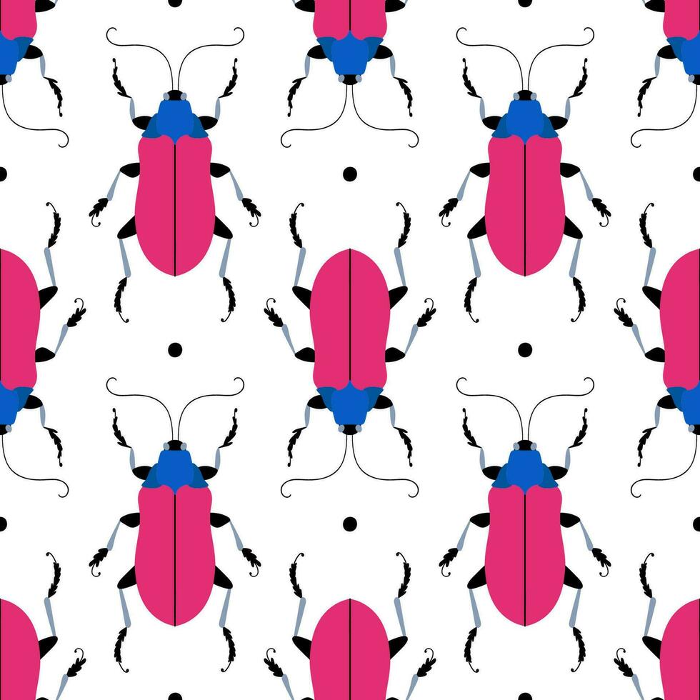 Big pink bugs with black dots. Seamless pattern with cartoon elements. vector