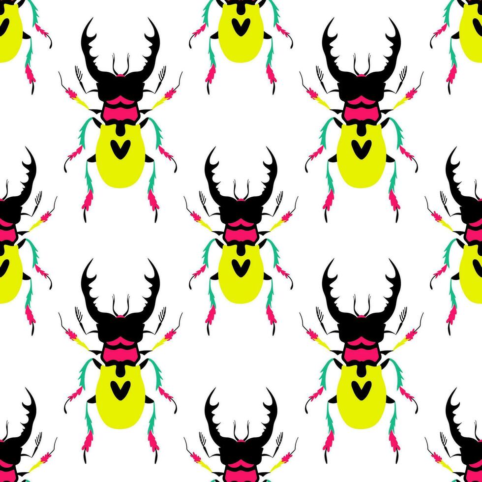 Funny and cute big beetles. Seamless pattern with cartoon elements on the white background. vector